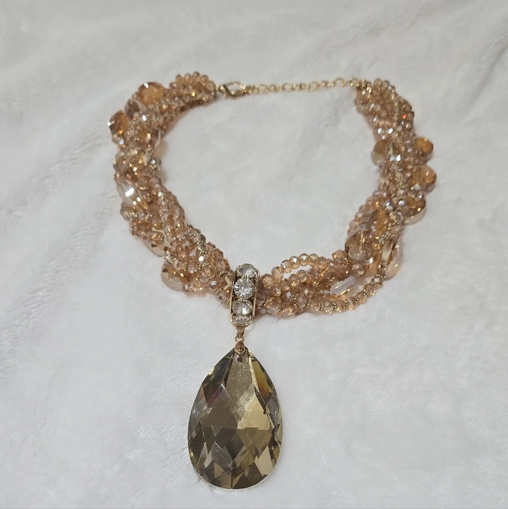 Gold and Crystal Multistrand Statement Necklace - Picture 1 of 7